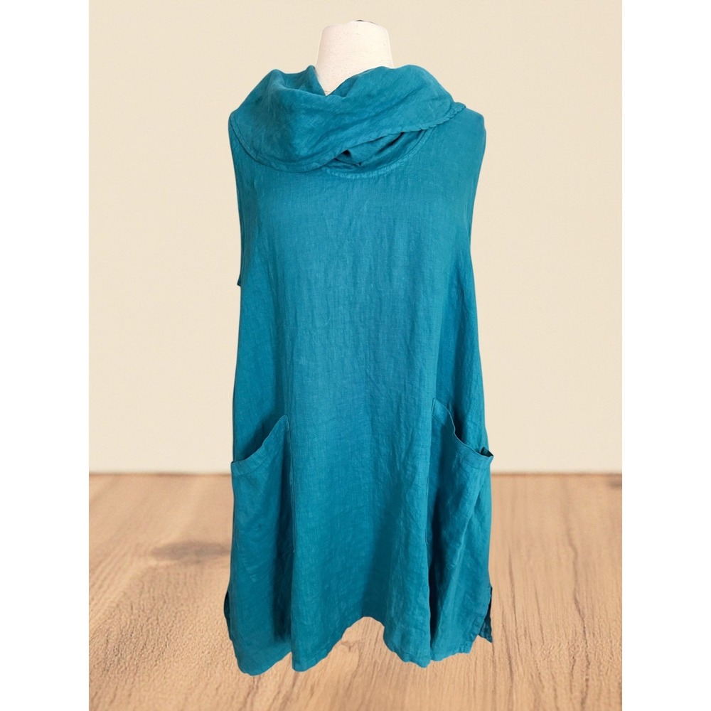 Match Point NEW 100% Linen Lagenlook Dress XL Teal Sleeveless Tunic Made in USA